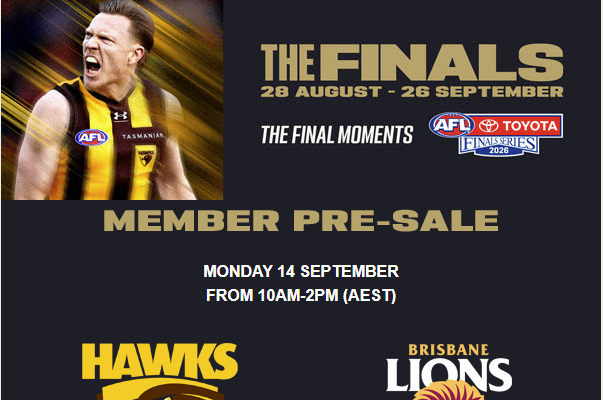 Hawks Members finals Availability. AFL Finals, Hawthorn Hawks v Brisbane Lions, Saturday 19th September, MCG, 5:15pm. Members: 10am General Availability: 3pm