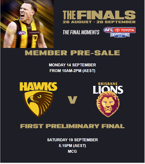 Hawks Members finals Availability. AFL Finals, Hawthorn Hawks v Brisbane Lions, Saturday 19th September, MCG, 5:15pm. Members: 10am General Availability: 3pm